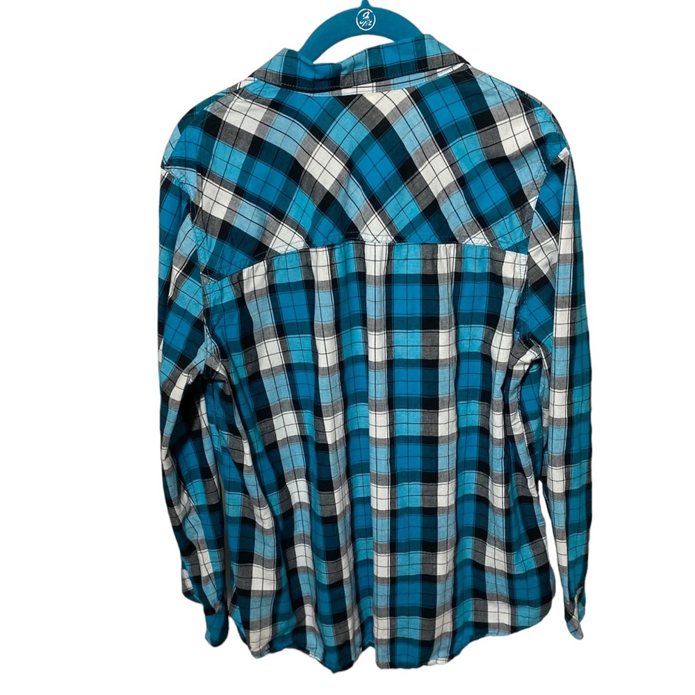 Women’s Long Sleeve Button Down Turquoise Plaid Top - Picture 3 of 4
